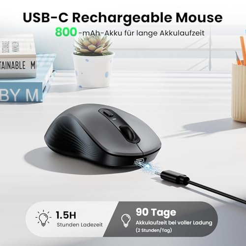 TECKNET Bluetooth Maus, PC Maus Kabellos, Wiederaufladbar Computer Maus 4800 DPI, (BT 5.0/3.0+2.4 GHz) Ergonomische Silent Wireless Mouse… – Ansicht 3