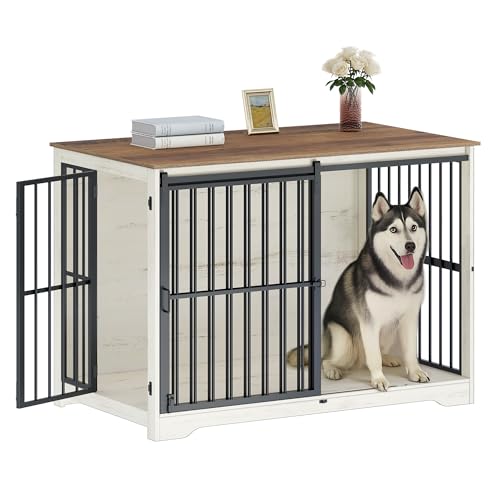 Hzuaneri XXL Large Dog Crate Furniture 46.9 Indoor Dog Kennel Furniture with Barn Door Wooden Tall Dog Crate Heavy Duty Dog Cage for Large Dogs Side End Table Anti-Chew White Brown DFC83814B