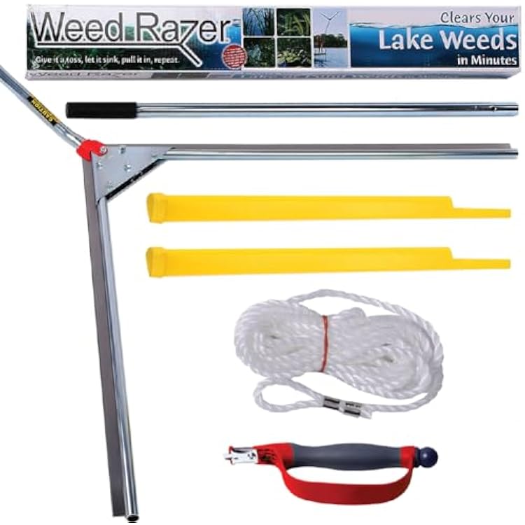 Jenlis The Original Weed Razer, Lake Weed Cutter, Large Pond Aquatic Plant Cutting Tool, Long and Sharp Razor Blades Shear Cattail, Reed, Lilly &amp; Chara Algae, 48 Inch Cut Width, 25 Foot Throw Rope