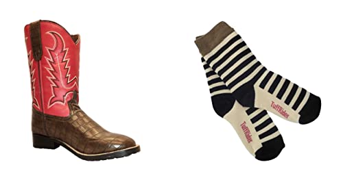 TuffRider Children's Redwood Square Toe Western Boot- Brown w/Red-With Free Assorted Striped Socks