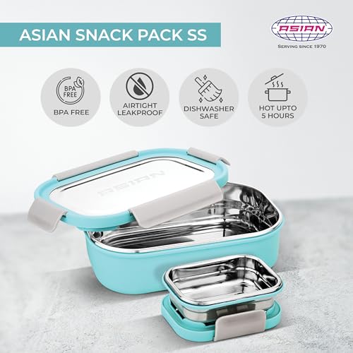 Image of Asian Plastowares - Snack Pack SS Lunch Box | Tiffin Box - Leak-Proof, Airtight | Lunch Box for Kids & Adults | Durable & Spill-Free School, Office, and College Tiffin | Blue