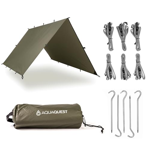 Aqua Quest Defender Tarp Kit - 100% Waterproof Heavy Duty Nylon Bushcraft Survival Shelter - 3 x 3 Camo Kit