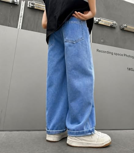 Image of ADBUCKS Children's Loose-Fitting Denim Pants with Buttons, Casual Wide-Leg Style