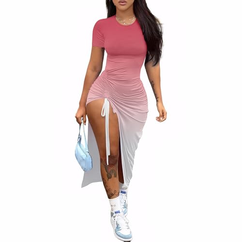 Image of Nimsruc Women Sexy Summer Dresses Short Sleeve Thigh-high Slit Ruched Bodycon Maxi Club Cocktail Party Dress