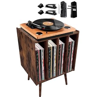 Large Record Player Stand with Vinyl Storage, Wooden Turntable Stand with Record Storage Shelves, Mid-Century Modern Record Player Table for Albums, Stereo, Speakers, and Accessories - Les Beatles, Paul McCartney, John Lennon, RIngo Starr, George Harrison