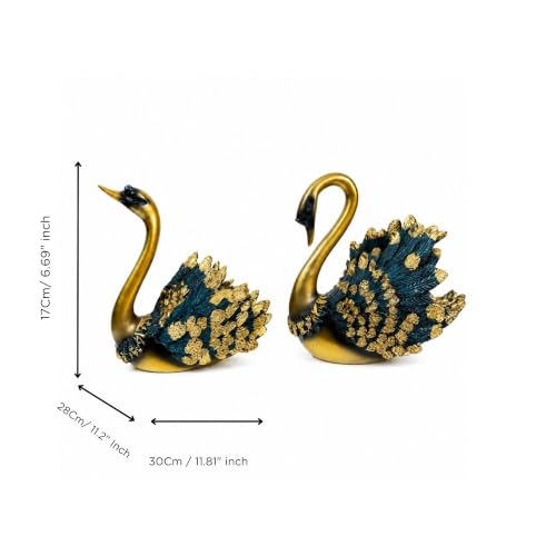 Image of eCraftIndia Set of 2 Golden Swan Showpieces for Home Decor | Decorative Swan Pair Figurines with Blue & Gold Feather Design | Modern Tabletop Sculpture for Living Room, Office & Gifting