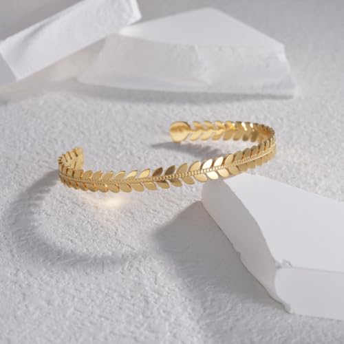 Peace Leaves Bracelet 18K Gold Plated Stainless Steel, Adjustable Open Cuff Bangle for Women Birthday Minimalist Jewelry Gifts2
