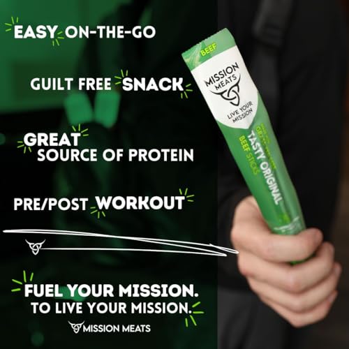 Mission Meats Beef Sticks – 100% Grass Fed & Pasture Raised, Sugar Free, Individually Wrapped Healthy Snacks, Whole 30 & Paleo Friendly, Original 1oz (Pack of 12)