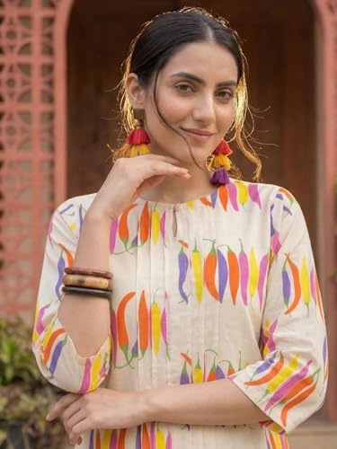 Image of INDO ERA Women Cotton White Printed Straight Kurta Pant Set