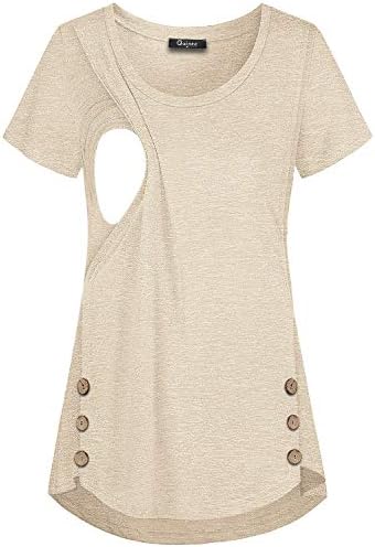 Quinee Mama Shirt, Women Maternity Scoop Neck Short Sleeve Summer Breastfeeding Tops Double Layered Curved Hem Casual Button Side Nursing Tunic Comfy Sleepwear Beige S