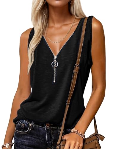Halife Womens Half Zip V Neck Tank Tops Summer Sleeveless Shirts Casual Loose Top Blouses T Shirts