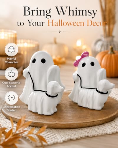 Halloween Ghost Walking Dog Figurines, Resin Statues with Pink Bow, Cute Spooky Tabletop Decor for Shelf, Mantel, Tiered Tray, Entryway, Home Decorations Gift for Dog Lovers (Ghost Walking Dog) - image 6