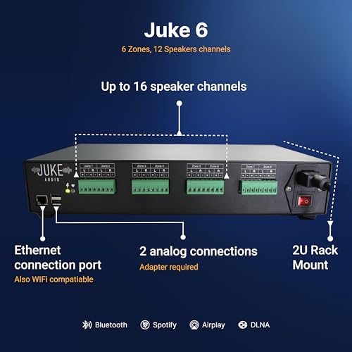 Image of Juke-6 | 6 Zone Audio Amplifier | Wirelessly Controlled Multi-Room Audio System | Compatible with Airplay 2, Spotify Connect, Bluetooth, DLNA