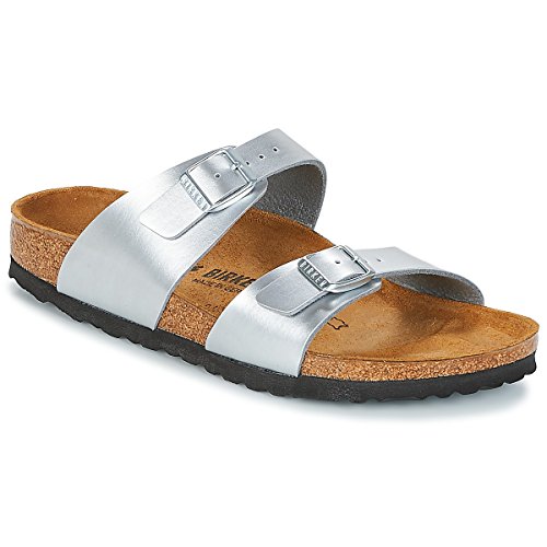 Image of Birkenstock Women's Heels Open Toe Sandals, Silver Soft Metallic Silver Soft Metallic Silver, 9