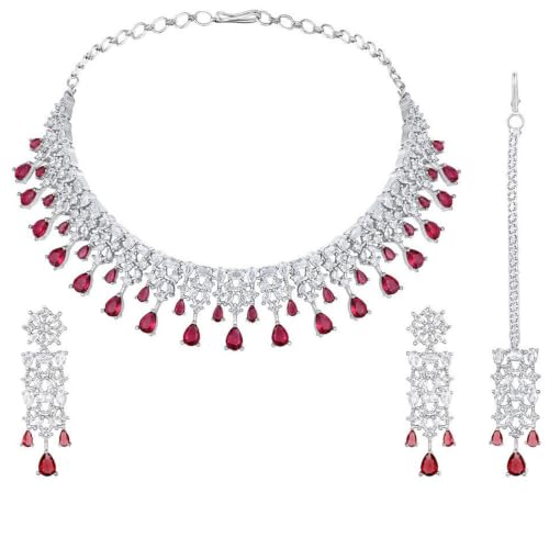 Image of ASMITTA Jewellery Silver American Diamond Necklace Set with Maang Tikka | Traditional Rhodium-Plated CZ Jewellery Sets for Women | Perfect for Bridal Weddings, Festivals & Special Occasions