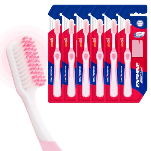 Image of Enshine Advance Clean+ Soft Toothbrush for Adults - Pack of 6 | Ultra Soft Tapered PBT Bristles | Tooth Brush Set with Non-Slip Grip | Manual Toothbrushes for Sensitive Gums & Enamel | Color Pink