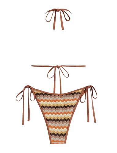 ZAFUL Women's Colorblock Stripes Triangle Halter Tied Cheeky Thong Bikini Set High Cut Two Piece Bathing Suit2