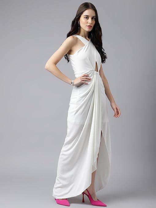 Image of Women's Elegant Draped Halter Neck Gown - Stylish Front Knot Cut-Out Evening Dress with High Slit - Outfit for Parties, Weddings & Special Occasions