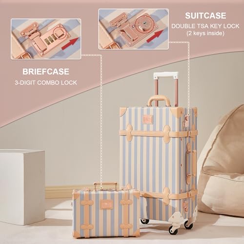 Image of UNIWALKER Vintage Suitcase Set, 3 Piece Retro Spinner Trunk, TSA-Approved Travel Luggage with Cosmetic Train Case for Women, Blue Strip, 26 inch+20 inch+12 inch