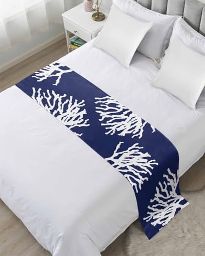 Full Bed Runner Modern Abstract Coral on Dark Blue Bedding Runner Scarves Decorative Bed Scarf, Summer Underwater Soft Bed Runners for Bedroom Hotel Wedding 83x20IN
