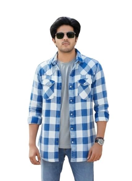 OTTO Men's Blue Checkered Casual Shirt | Slim Fit Full Sleeve with