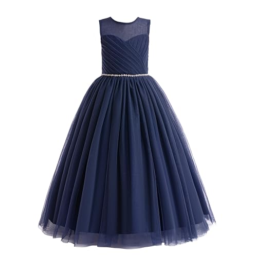 Glamulice Navy Blue Flower Girl Formal Dress Long A Line Wedding Bridesmaid Pageant Dresses Tulle Party Gown Princess Kids Birthday Maxi Prom Junior Girls Holiday Elegant Ball Gown 11 12