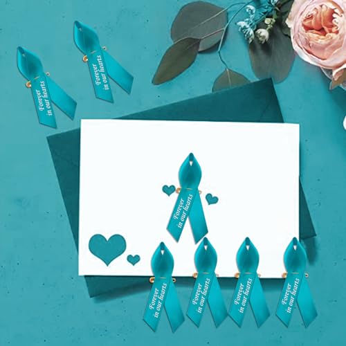 CRAFFANCY WANDIC 100pcs Teal Ribbon Pins Ovarian Cancer Awareness Badges Cervical Cancer Brooch Memorial Ribbon Badges in Forever in Our Hearts for Funeral Mourning Event Bereavement Remembrance - Image 3