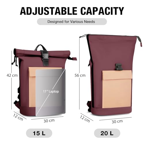 Lekeinchi Rolltop Rucksack Damen & Herren, Elegant Laptop Rucksack Wasserdicht mit 17 Zoll Laptopfach, Großer Reiserucksack Tagesrucksack Schulrucksack für Reisen, Uni Schule, Arbeit - Rotwein