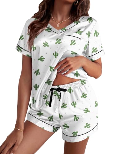 Image of Ekouaer Silk Pajama for Women Short Sleeve Satin Pj Set Two Piece Soft Sleepwear Loungewear S-XXL