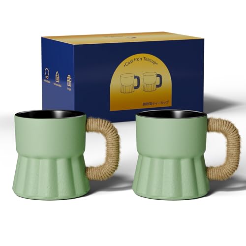 toptier 4 oz Tea Cups, Espresso Cups Set of 2, Mini Beer Mugs, Cast Iron Teacup for Tea, Coffee, Beer, Light Green