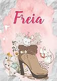 freia schokolade  Freia: Notizbuch A5  Personalisierter vorname Freia  Geburtstagsgeschenk für Frau, Mutter, Schwester, Tochter  Niedliche Mäuse im Stiefel  120 Seiten liniert, Kleinformat A5 (14,8 x 21 cm)