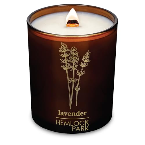 Hemlock Park Wood Wick Candle Handcrafted with Natural Coconut Wax and Essential Oils (Amber & Gold 7.2 oz, Lavender)