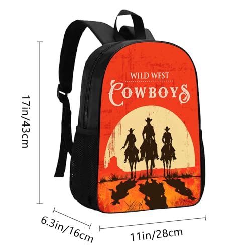 Cowboy Backpack Wild West Cool Cowboys Ride Horses School Backpack for Men Women Teens Kids, Westen Vintage Red Black Shoulders Backpack Outdoor Casual Travel Daypacks, 17 Inches2