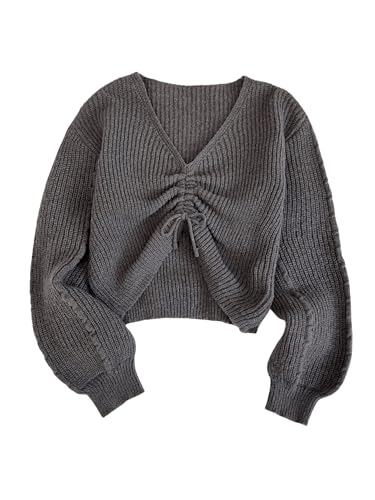 SweatyRocks Girl's V Neck Cropped Sweater Ruched Drawstring Long Sleeve Knit Pullover Tops