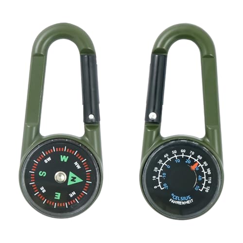 Jicyor Kompass Mit Karabinerhaken und Thermometer - Mini Karabiner für Camping, Wandern, Reisen - 4-in-1 Outdoor Kompass für Kinder (Armeegrün)