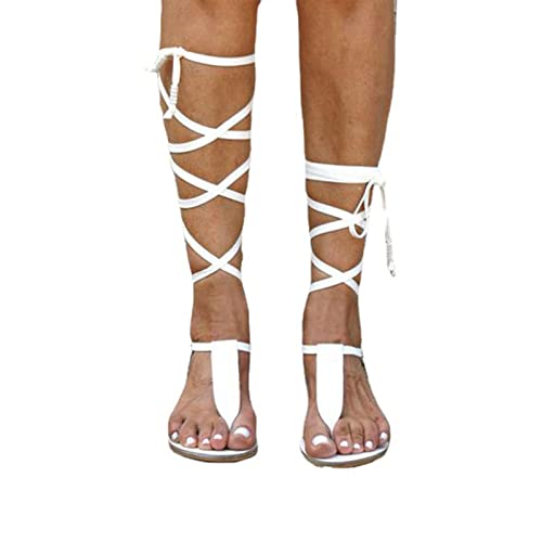 Image of Flat Knee High Gladiator Sandals for Women Strappy Lace Up Bohemia Sandals