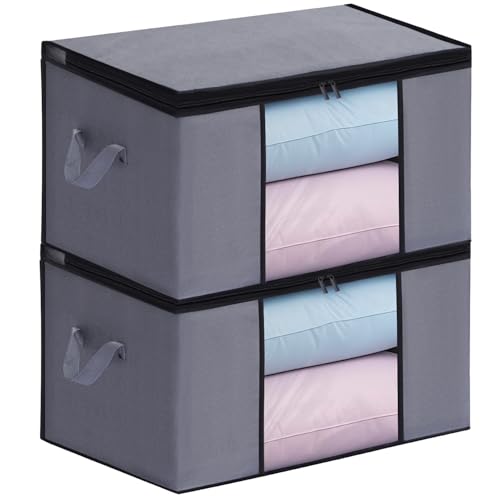 Boic 衣類収納ケース 毛布 布団収納袋 収納ケース ふとん収納袋 不織布 大容量 90L 2個組 60*43*35cm 洋服収納ボックス 防塵 持ち手収納袋 透明窓付き收纳袋、グレー