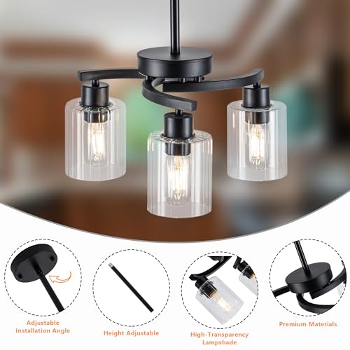 SHIGUANG Black Chandelier, 3 Light Chandeliers for Dining Room Light Fixtures Over Table, Industrial Hanging Pendant Lighting with Glass Shade for Kitchen Island Farmhouse Entryway