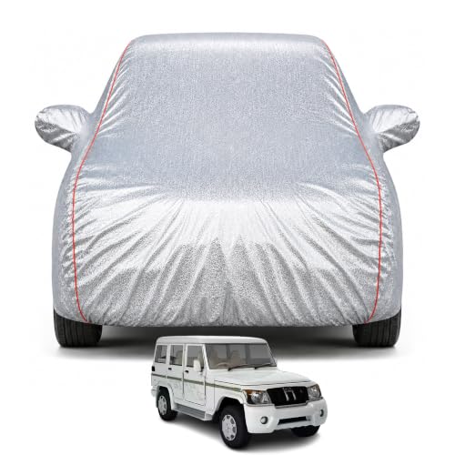 Image of Car Cover Compatible with Bolero 2000-2010 Models All Models Waterproof All Weather Protection Mirror & Inner Cotton Triple Stitched Cover, Adjustable Belt Bottom Elastic (Metalic Silver)