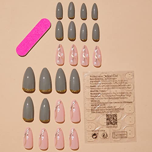 Almond Press On Nails Medium With Small Flower Glitter Designs Pink And Gray False Fake Nails Press On Almond Shape Artificial Nails Stick On Nails Glue On Static Nails For Women, 24Pcs #TOP5