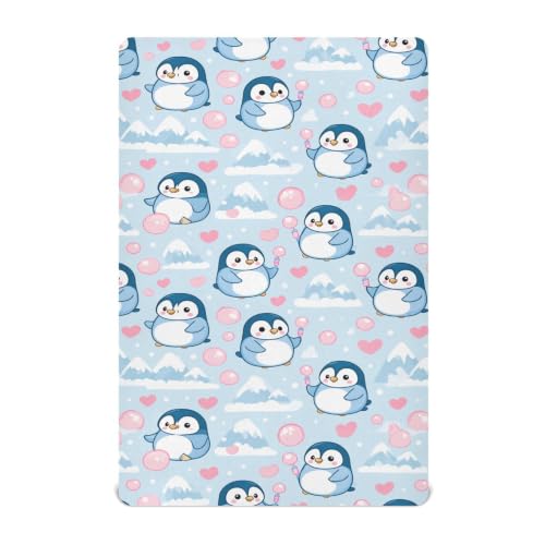Image of Crib Sheet Breathable Soft Crib Mattress Sheet for Baby Toddler Boys Girls Fitted Pack n Play Crib Sheet Fit Standard Crib Mattress 52 x 28 Inch Blue White Penguin Love Mountain