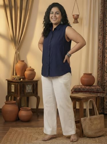 Image of Women Plus Size Sleeveless Button Down Shirt Polyester Formal Office Casual Wear Classic Fit Professional Shirt