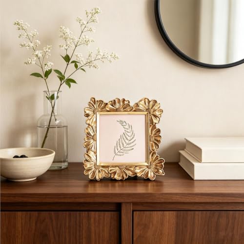Image of Antique Floral Picture Frame - Resin & Glass Victorian-Style Frame for Tabletop or Wall Decor (Gold, 4 inch x 4 inch)
