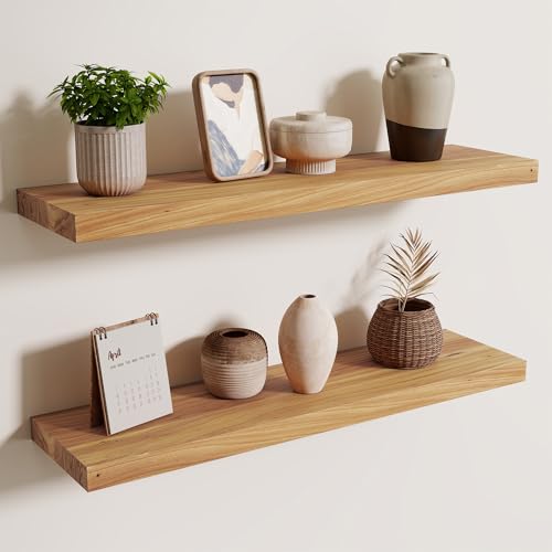 Image of Floating Shelves for Wall, 30in Reclaimed Elm Wood Shelves, Natural, 2PCs | 8'' D Rustic Solid Elm Wood Shelves for Storage, Wall Mounted Display Shelving with Invisible Heavy-Duty Metal Bracket
