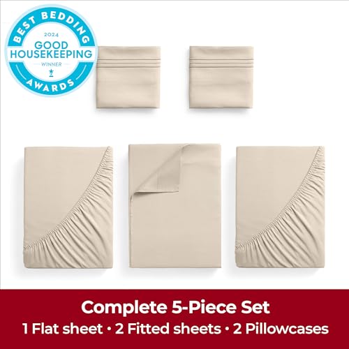 Image of Mellanni Extra Deep Split King Sheets - 5 PC Iconic Collection Bedding - Hotel Luxury, Ultra Soft, Cooling Bed Sheets - Wrinkle, Fade, Stain Resistant (Split King, Beige)