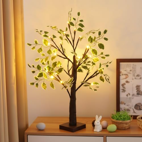 NXUEBDU LED Lighted Birch Tree with Green Leaves 2ft Brown Tabletop Decorative Tree with Fairy Lights USB or Battery Powered Indoor Christmas Easter Holiday Centerpiece Decor (Brown)