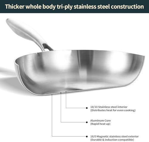 DELARLO Full Clad Tri-Ply Stainless Steel Frying Pan 10 inch, All Stove Compatible Up to 600℉, Heavy Duty, Oven Safe Skillet, 18/10 Cooking Pan, Chef's Pan for Kitchen, Omelette Pan, Flat Bottom