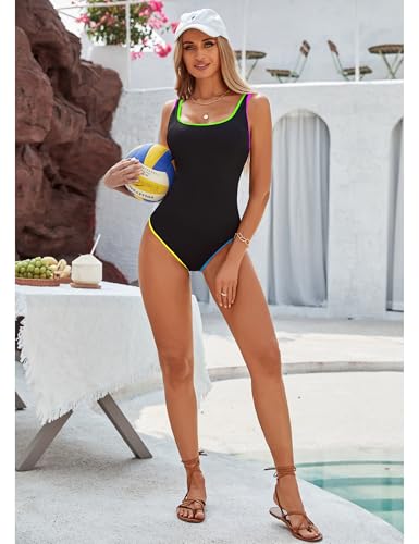 Image of BMJL Women's One Piece Swimsuit Sports Adjustable Strap Bathing Suit Color Block Ribbed High Cut Swimsuits