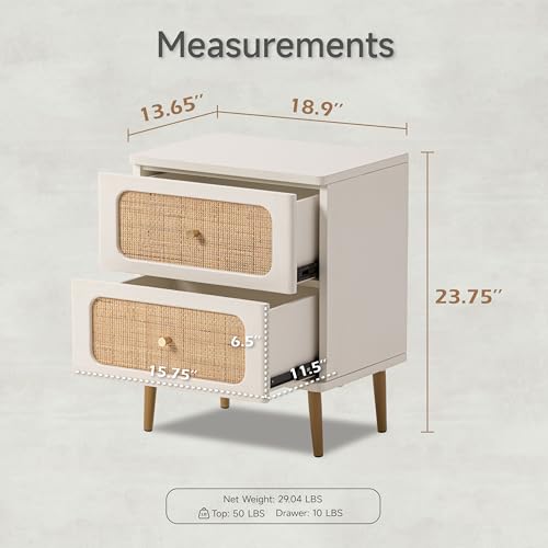 LONYKE Wicker Rattan Nightstand Set of 2, 2-Drawer End Table Cream White Finish Side Table for Small Spaces, Modern Farmhouse Wooden Bedside Table, Boho Mid-Century Coastal Storage Cabinet - Image 3