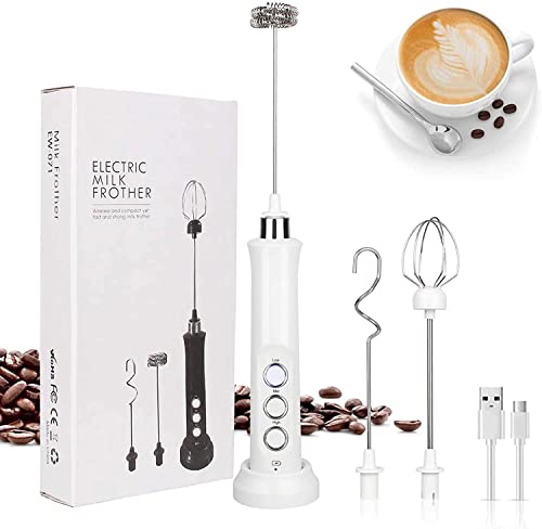 3 in 1 Hand-Milchaufschäumer mit Ladeständer und 3 Edelstahl-Schneebesen, perfekt für Cappuccino, Latte, kugelsicherer…